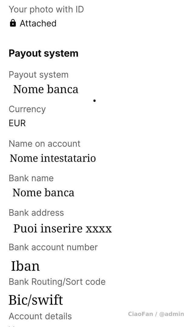 Inserire i dati bancari per ricevere i payout